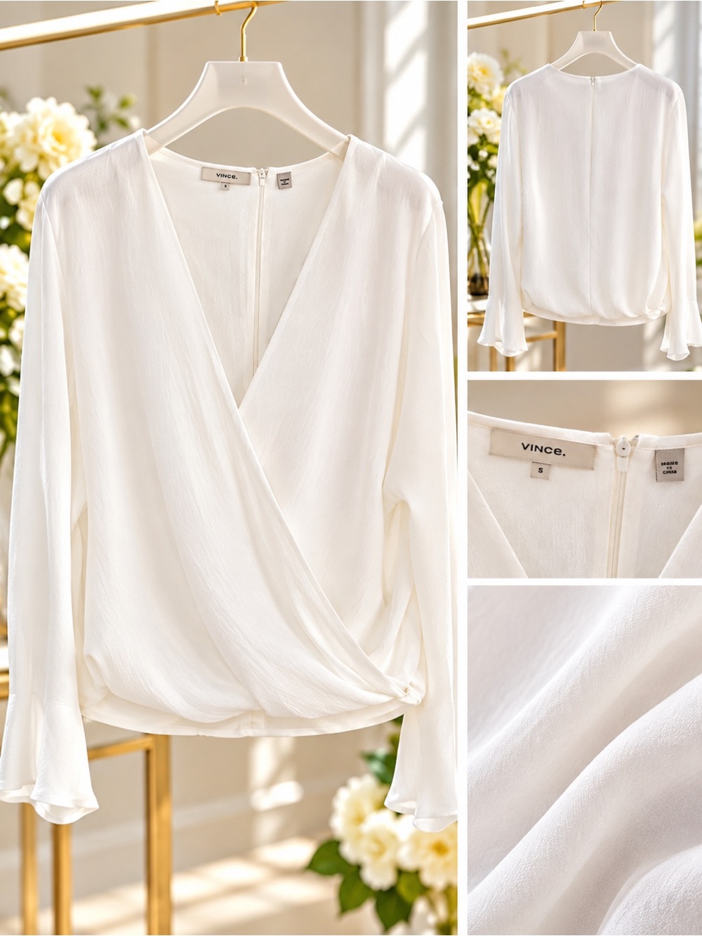 Vince Ivory Wrap-Front Long Sleeve Blouse